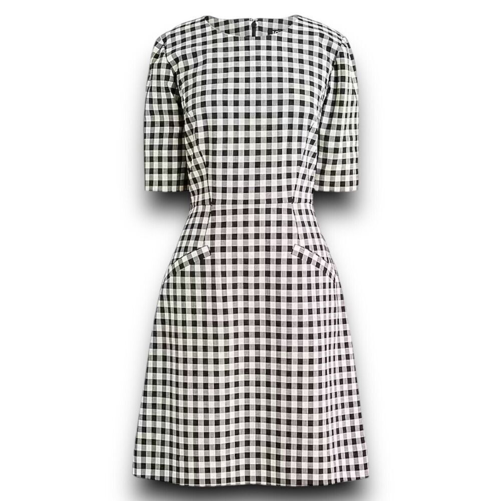 J Crew Dress WMNS 12 Cream Gingham Wool Blend Short-sleeve Mini Pockets Black